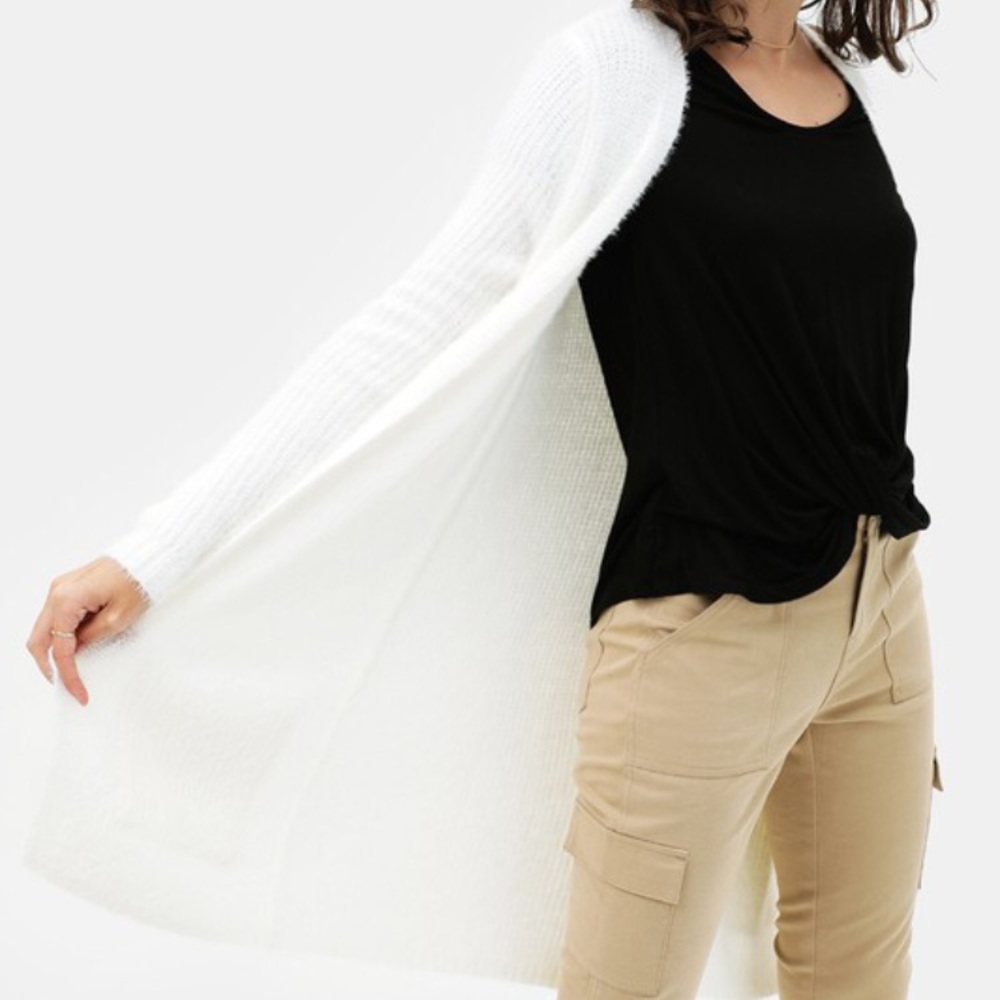 Fuzzy Cardigan Sweater Knitted Slim Fit Open Front Long Sleeve White Warm & Cozy - Picture 4 of 13